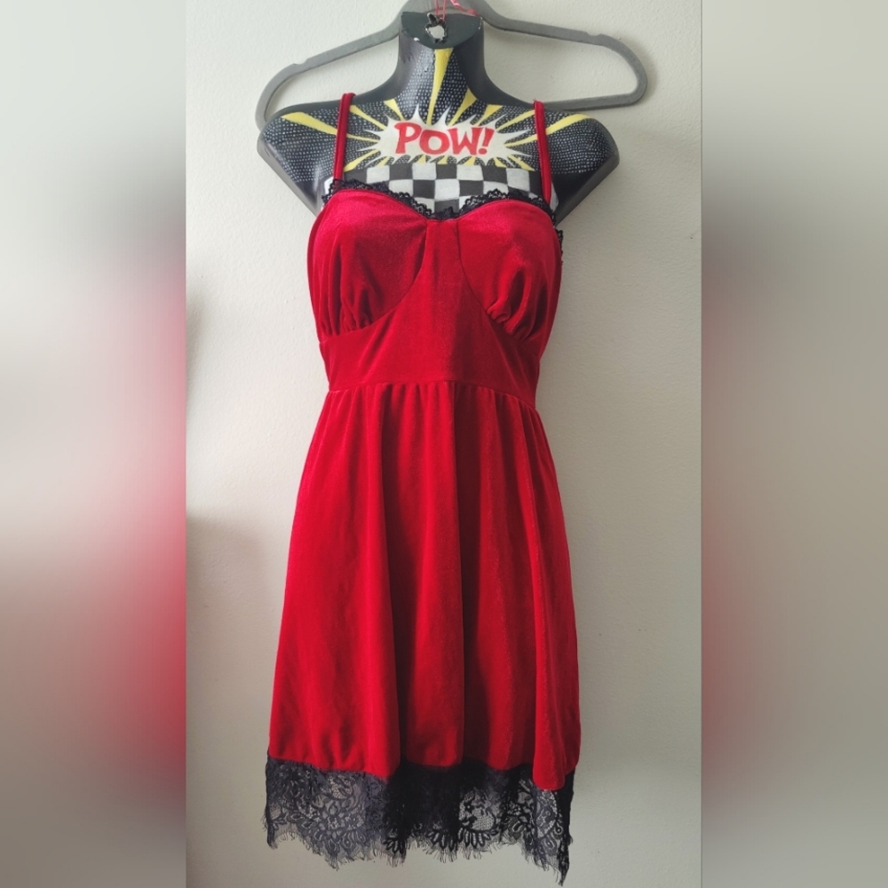 Valentine's Day Gothic Grunge Red Velvet & Black Lace Trim Babydoll Dress